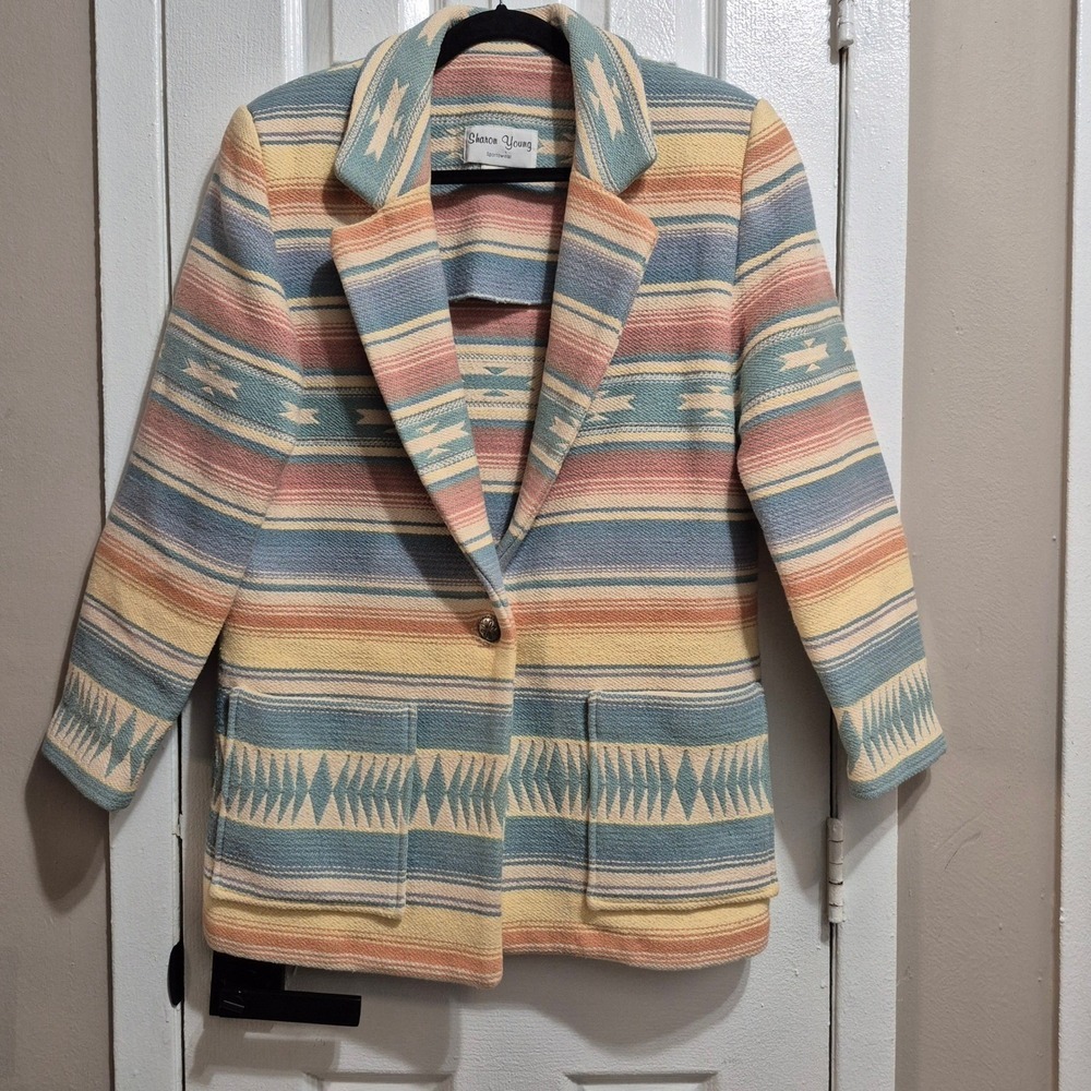 Vtg Sharon Young Southwestern Stripe Blazer Jacket Women's Medium Cotton USA
